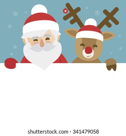 vector christmas illustration of santa claus and red nosed reindeer holding blank paper for your text