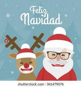 vector christmas illustration of santa claus and red nosed reindeer on blue background. merry christmas written in Spanish