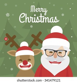 vector christmas illustration of santa claus and red nosed reindeer on green background. merry christmas. 