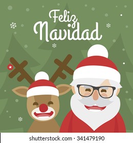 vector christmas illustration of santa claus and red nosed reindeer on green background. merry christmas written in Spanish