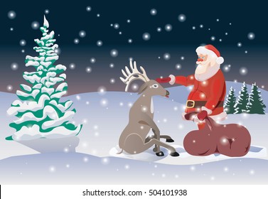 vector christmas illustration of santa claus and nosed reindeer