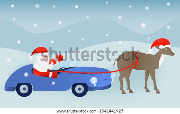 Vector Christmas\
illustration with Santa Claus, deer and car on a colored background\
with snowdrifts and\
snow.\
