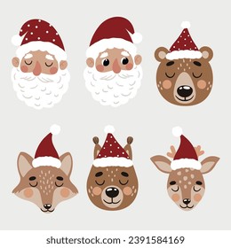 
Vector Christmas illustration with Santa, deer, fox, squirrel, bear in flat style. Can be used for cards, posters, printing on fabric, paper, etc.