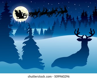 Vector. Christmas. Illustration. Santa flying on a sleigh with reindeer. Winter landscape night forest with deer. Merry Christmas. Full moon. Snowy Forest.