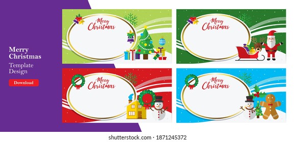 Vector Christmas illustration, santa, christmas and holiday background. Design of bell, stocking, christmas tree, reindeer, present, Santa Claus, snowman. Christmas celebration and decoration.
