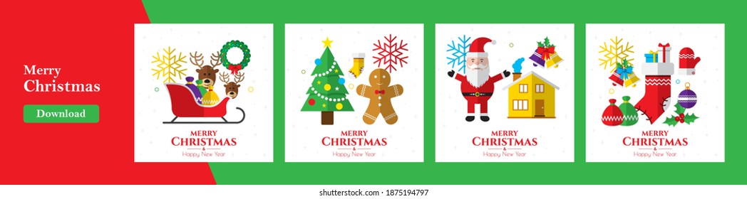 Vector Christmas illustration, santa, christmas and holiday background. Design of bell, stocking, christmas tree, reindeer, present, Santa Claus, snowman. Christmas celebration and decoration.