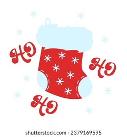 Vector Christmas illustration with Santa Sock, snowflakes and quote Ho Ho Ho isolated on white background. Cute Xmas template for card, poster, print.