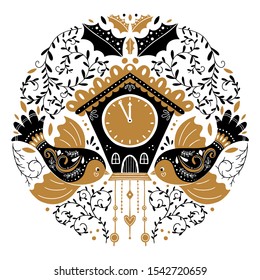 Vector Christmas illustration in Scandinavian style. Cute birds with large clock. Holiday greeting card