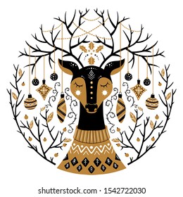 Vector Christmas illustration in Scandinavian style. Cute reindeer with large horns and Christmas balls. Holiday greeting card