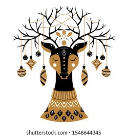 Vector Christmas illustration in Scandinavian style. Cute reindeer with large horns and Christmas balls. Holiday greeting card