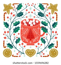 Vector Christmas illustration in Scandinavian style. Hot cocoa in mug and Christmas cookies, candy cane. Holiday greeting card