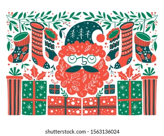 Vector Christmas illustration in Scandinavian style. Cute Santa Claus with gifts and Christmas socks. Holiday greeting card