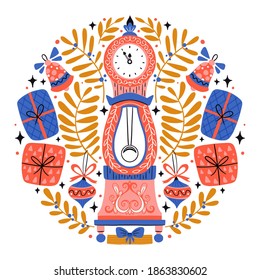 Vector Christmas illustration in Scandinavian style. Clock with gifts, bells and Christmas branch. Holiday greeting card