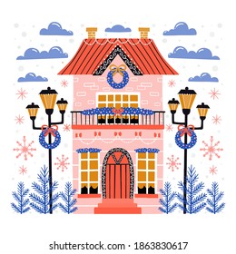 Vector Christmas illustration in Scandinavian style. House, lantern, wreath and Christmas trees. Holiday greeting card