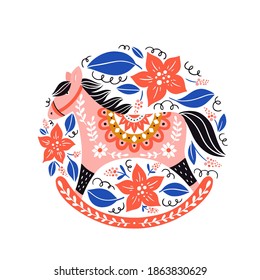 Vector Christmas illustration in Scandinavian style. Cute rocking horse with red flowers. Holiday greeting card