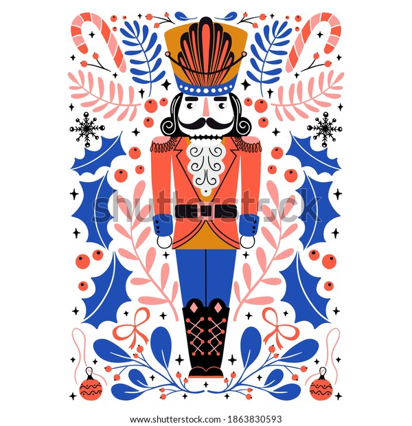 Vector Christmas illustration in Scandinavian style.\
Cute nutcracker with mistletoe, berries, candy cane. Christmas\
Holiday greeting card