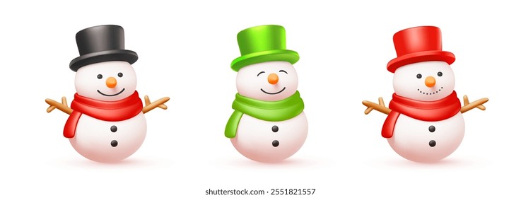 Vector christmas illustration of set of cartoon snowman with different emotion on white background. 3d realistic style winter holiday design of cute snowman for Merry Christmas banner, gretting card