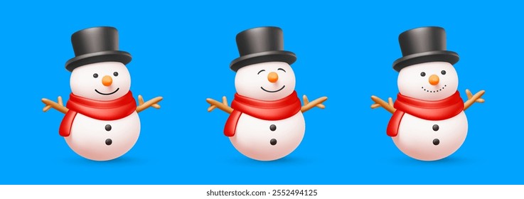 Vector christmas illustration of set of cartoon happy snowman with different face in top hat and red scarf on blue background. 3d realistic style winter holiday design of snowman for Merry Christmas