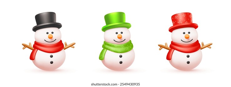 Vector christmas illustration of set of cute realistic snowman in top hat and scarf with snowflake. 3d cartoon style winter holiday design of different snowman for Merry Christmas and Happy New Year