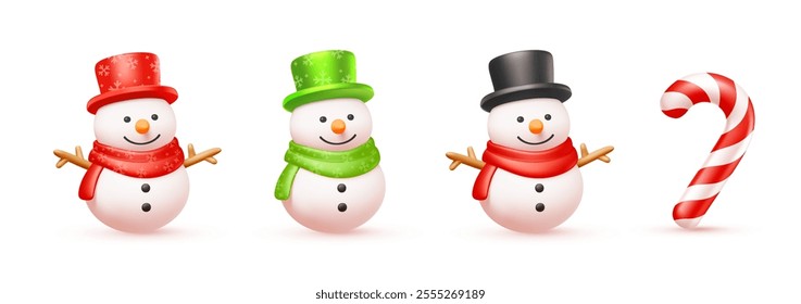 Vector christmas illustration of set of cute snowman with candy cane on white background. 3d cartoon style winter holiday design of different happy smile snowman and candy cane for Merry Christmas