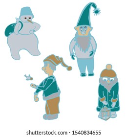 vector christmas illustration set of gnomes snowman in clothes  blank greeting card congratulation invitation. upcoming new year 2020