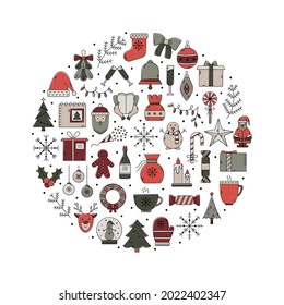 Vector Christmas illustration with a set of icons in a round shape.