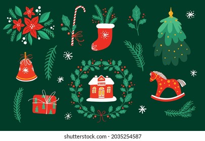 Vector Christmas illustration set: Poinsettia red flower, candy, horse toy, Christmas tree, holly branch, bell, Holly wreath, gift, Christmas sock, branches, house toy