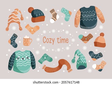 Vector Christmas illustration of a set of winter warm clothes. Hats, socks, ugly Christmas sweater, jumper, scarf. Mug with cocoa. In earthy shades. For stickers, posters, postcards, design elements