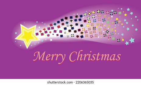 Vector Christmas illustration. Illustration of a shooting star with a long tail. In the glow of the tail, gifts and tiny stars. Comet Bringing Gifts. Christmas abstraction, Christmas, holidays, gifts