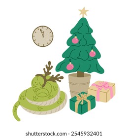 Vector Christmas illustration with slipping snake wearing reindeer antlers beside decorated tree, clock, and gifts. Hand drawn Playful holiday design with unique elements, ideal for greeting cards