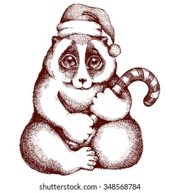 Vector Christmas  illustration of Slow loris with a candy. Hand drawn by ink. Isolated illustration on white background