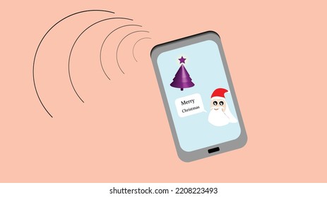 Vector Christmas illustration. Smart phone on a monochrome background. On the display is a purple Christmas tree and Santa Claus wishing you a Merry Christmas. Sent. Character. Christmas greetings.