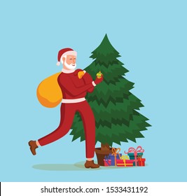 Vector Christmas illustration of smiling Santa Claus taking a sack with gifts on back and giving a gift box with fir tree. Holiday concept of Father Christmas with big bag of presents for New Year.