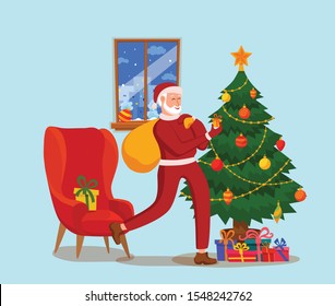 Vector Christmas illustration of smiling Santa Claus taking a sack with gifts on back and giving a gift box with fir tree. Holiday concept of cozy interior with window and presents for New Year.