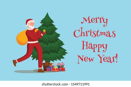 Vector Christmas illustration of smiling Santa Claus taking a sack with gifts on back and giving a gift box with fir tree. Holiday concept of cozy interior with window and presents for New Year.