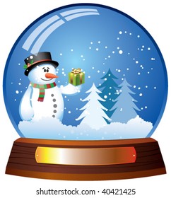 vector christmas illustration of snow globe with snowman and falling snowflakes