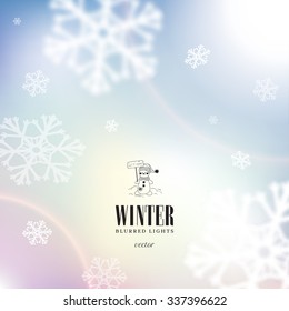Vector Christmas illustration. Snowfall on multicolored blurred backdrop. Cartoon snowmen and lettering on foreground.