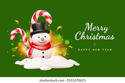 Vector christmas illustration of snowman with candy cane in snow on green background with golden confetti and light bokeh. 3d cartoon style design of snowman and candy cane with text Merry Christmas