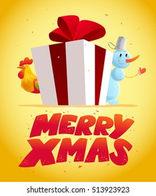 Vector christmas illustration with snowman and cock funny character portrait isolated. Cartoon style. Happy New Year and Merry Xmas design element. Congratulation card.