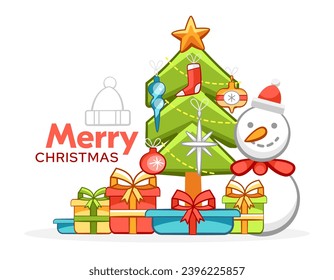 Vector Christmas illustration of snowman, fir tree and gifts in cartoon style.