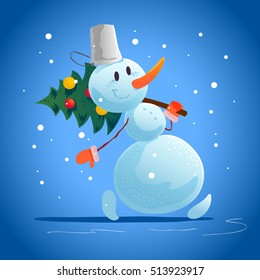 Vector christmas illustration with snowman funny character portrait isolated. Cartoon style. Happy New Year and Merry Xmas design element. Congratulation card.