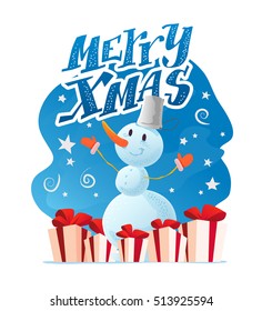 Vector christmas illustration with snowman funny character portrait isolated. Cartoon style. Happy New Year and Merry Xmas design element. Congratulation card.