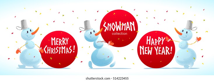 Vector christmas illustration with snowman funny character portrait isolated. Cartoon style. Happy New Year and Merry Xmas design element. Congratulation card.