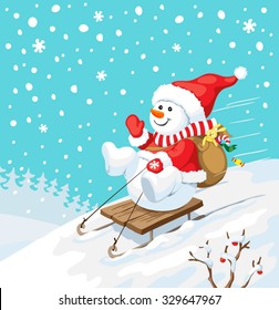 Vector Christmas illustration. Snowman on sled with christmas gifts. New year card concept.