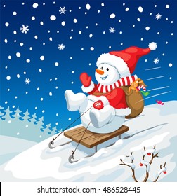 Vector Christmas illustration. Snowman on sled with christmas gifts. New year card concept.