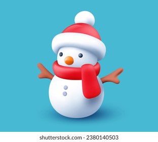 Vector christmas illustration of snowman with red hat and scarf on color background. 3d style holiday design of decorative winter snowman for web, site, banner, greeting card