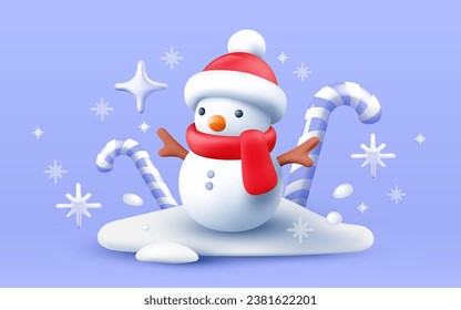 Vector christmas illustration of snowman with red hat and scarf on color background with sugar cane and snow. 3d style holiday design of decorative winter snowman for greeting card, web, site, banner