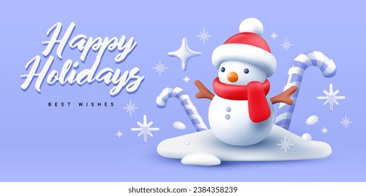 Vector christmas illustration of snowman with red hat and scarf on color background with sugar cane and snow. 3d style holiday design of decorative winter snowman with text for greeting card, web