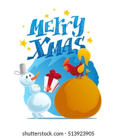 Vector christmas illustration with snowman and rooster funny character portrait isolated. Cartoon style. Happy New Year and Merry Xmas design element. Congratulation card.