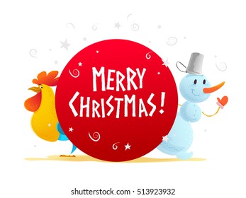 Vector christmas illustration with snowman and rooster funny character portrait isolated. Cartoon style. Happy New Year and Merry Xmas design element. Congratulation card.